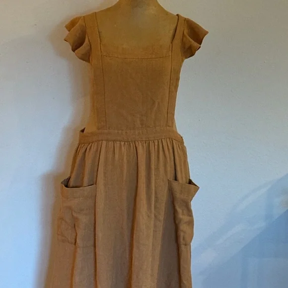 Doen Pennisula Dress Pinafore Elegant Tan/Pumpkin color with Pockets ruffles VGC - Picture 4 of 14